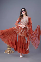 Captivating Georgette Embroidery Work Orange Color Sharara Suit
