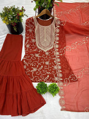 Captivating Georgette Embroidery Work Orange Color Sharara Suit