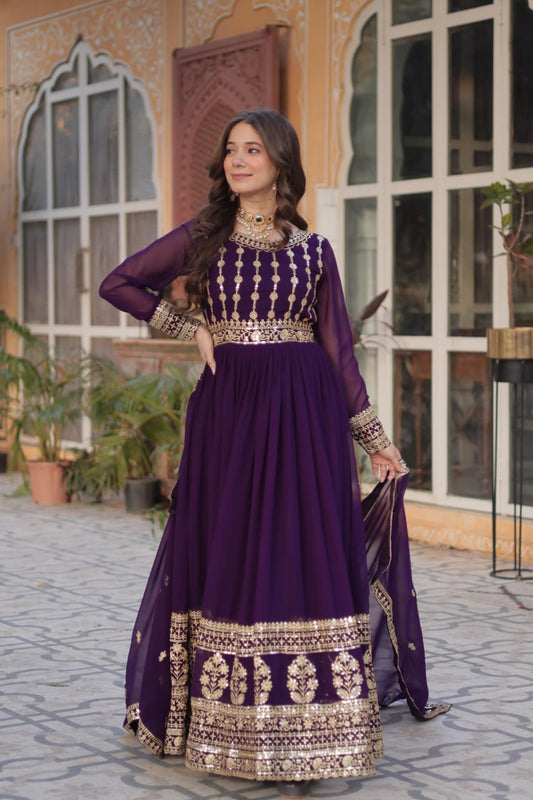 Marvelous Embroidery Zari Sequins Work Purple Color Gown