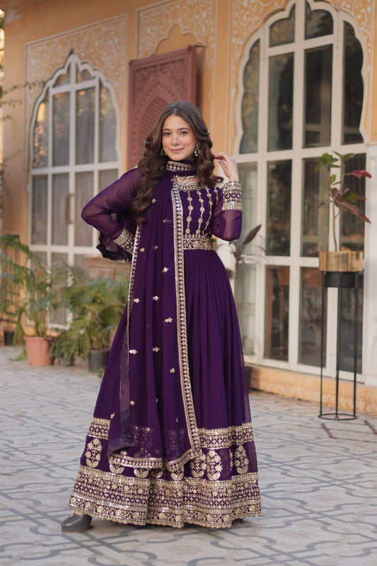 Marvelous Embroidery Zari Sequins Work Purple Color Gown