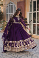 Marvelous Embroidery Zari Sequins Work Purple Color Gown