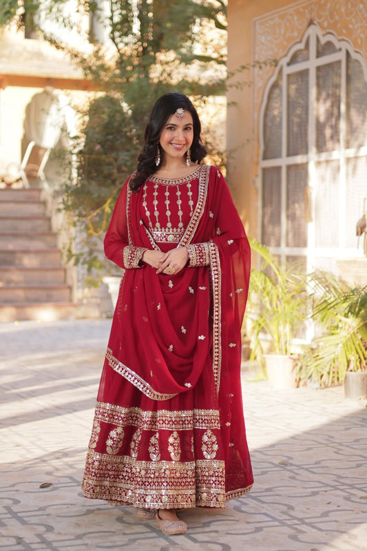 Marvelous Embroidery Zari Sequins Work Red Color Gown
