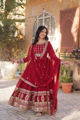 Marvelous Embroidery Zari Sequins Work Red Color Gown