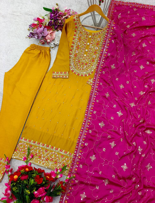 Beautiful Ravet Moti Work Yellow Color Salwar Suit