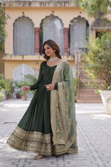 Demanding Shimmer Vichitra Mehndi Green Color Gown