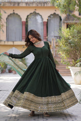 Demanding Shimmer Vichitra Mehndi Green Color Gown