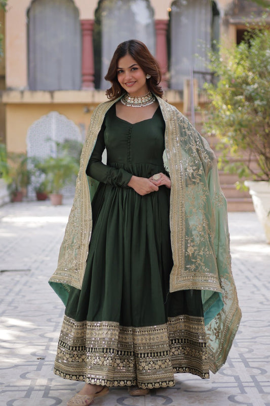 Demanding Shimmer Vichitra Mehndi Green Color Gown