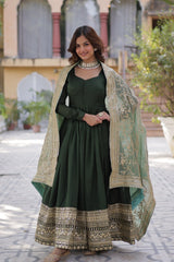 Demanding Shimmer Vichitra Mehndi Green Color Gown
