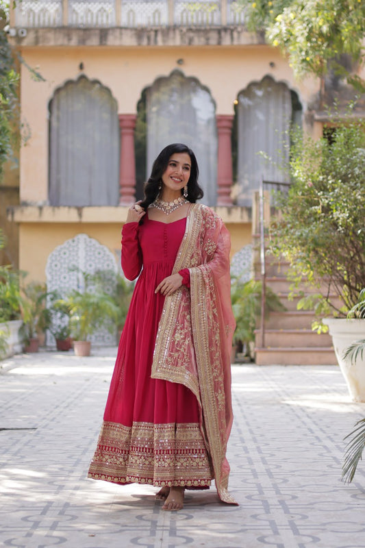 Demanding Shimmer Vichitra Pink Color Gown