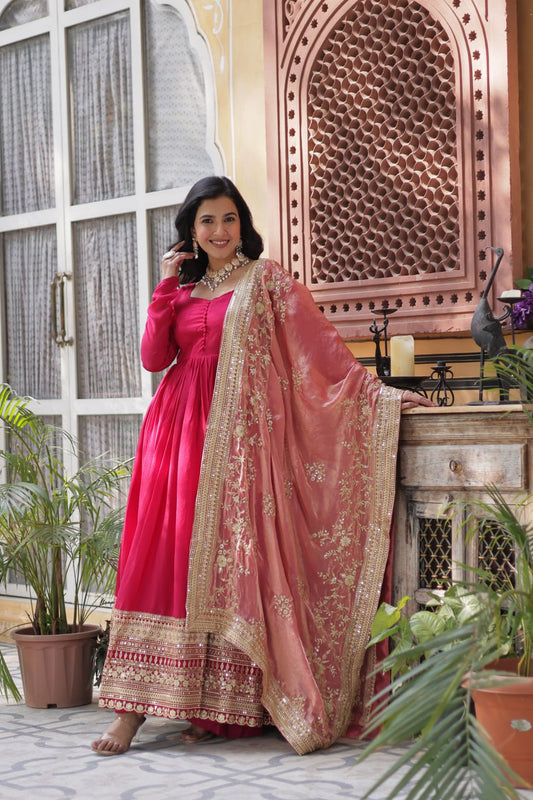 Demanding Shimmer Vichitra Pink Color Gown