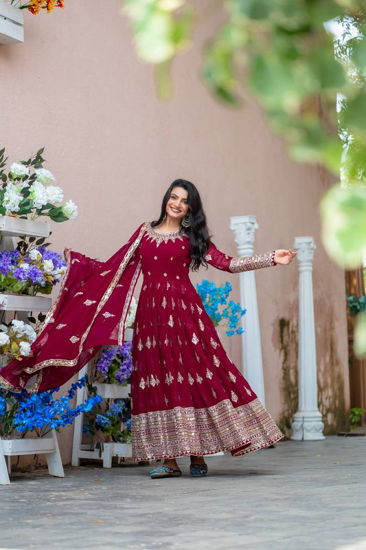 Elegant Embroidery Sequence Work Red Color Gown