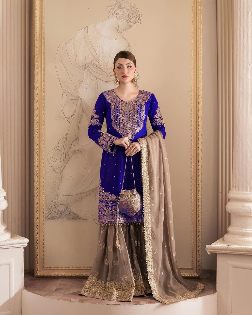 Function Wear Georgette Heavy Navy Blue And Beige Color Sharara Suit