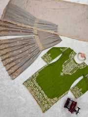 Function Wear Georgette Heavy Green And Beige Color Sharara Suit