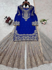 Function Wear Georgette Heavy Navy Blue And Beige Color Sharara Suit