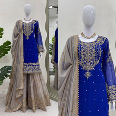 Function Wear Georgette Heavy Navy Blue And Beige Color Sharara Suit