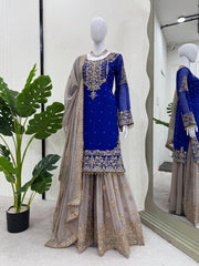 Function Wear Georgette Heavy Navy Blue And Beige Color Sharara Suit