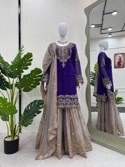 Function Wear Georgette Heavy Purple And Beige Color Sharara Suit
