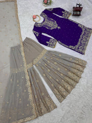 Function Wear Georgette Heavy Purple And Beige Color Sharara Suit