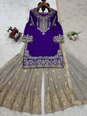 Function Wear Georgette Heavy Purple And Beige Color Sharara Suit