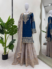 Function Wear Georgette Heavy Teal Blue And Beige Color Sharara Suit