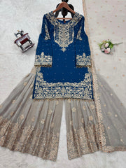 Function Wear Georgette Heavy Teal Blue And Beige Color Sharara Suit