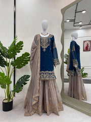 Function Wear Georgette Heavy Teal Blue And Beige Color Sharara Suit