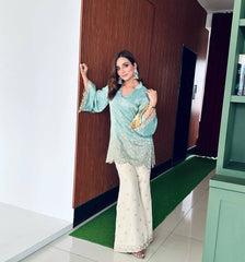 Good Looking French Crepe Sky Blue Color Top With Plazzo Suit