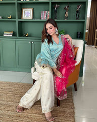 Good Looking French Crepe Sky Blue Color Top With Plazzo Suit