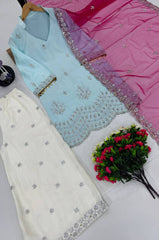 Good Looking French Crepe Sky Blue Color Top With Plazzo Suit