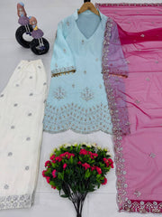 Good Looking French Crepe Sky Blue Color Top With Plazzo Suit