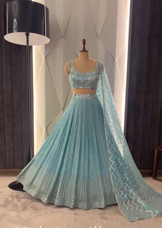 Designer Real Mirror Hand Work Sky Blue Color lehenga choli