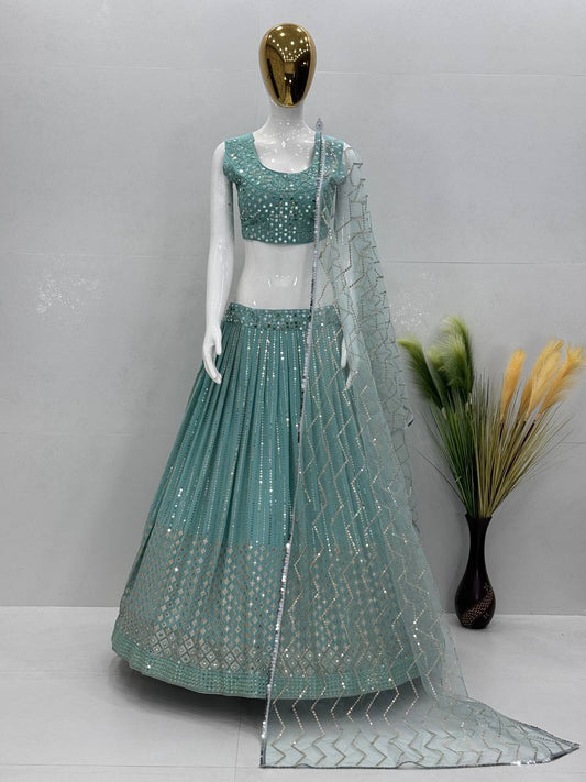 Designer Real Mirror Hand Work Sky Blue Color lehenga choli