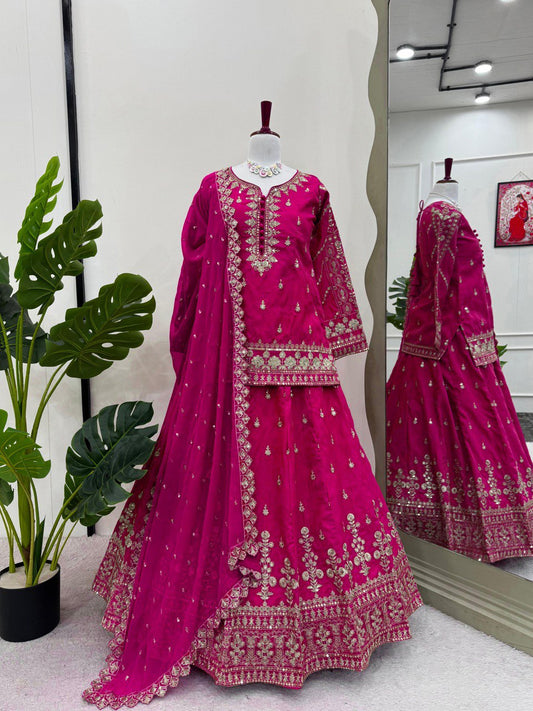 Designer Simmer Silk Dark Pink Color Top With Lehenga