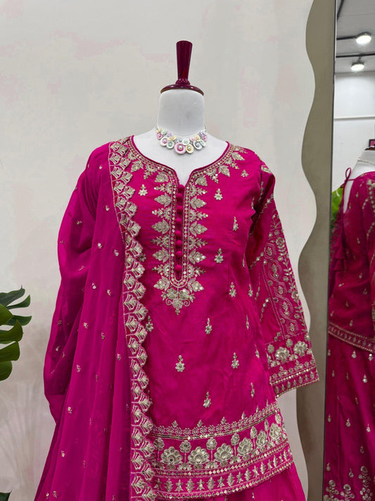 Designer Simmer Silk Dark Pink Color Top With Lehenga