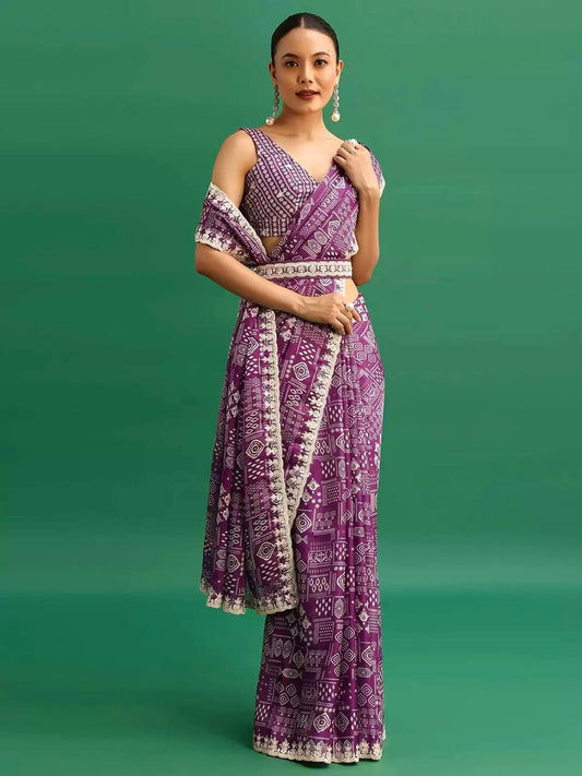 Awesome Digital Prints Wine Saree