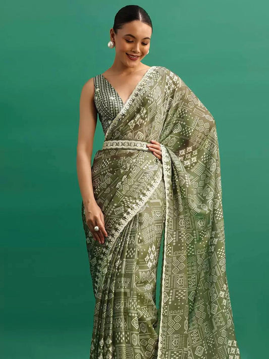 Awesome Digital Prints Green Saree