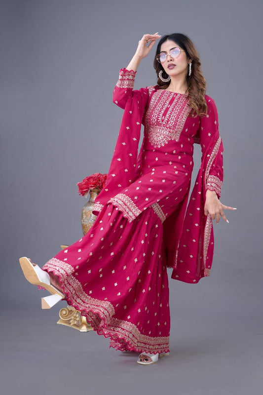 Delightful Chinon Silk Pink Color Sharara Suit