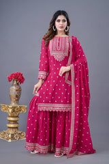 Delightful Chinon Silk Pink Color Sharara Suit