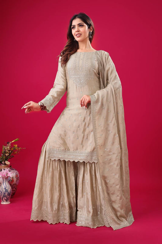 Delightful Chinon Silk Beige Color Sharara Suit