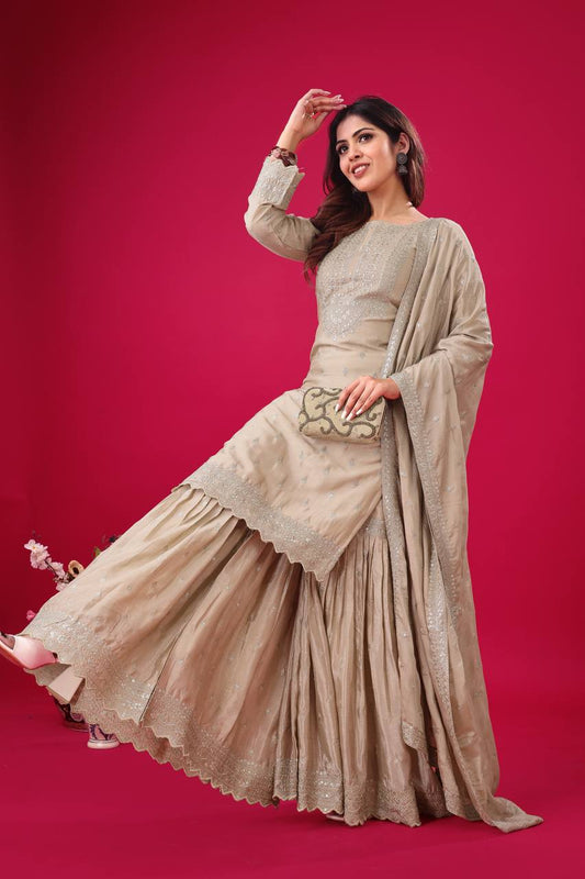 Delightful Chinon Silk Beige Color Sharara Suit