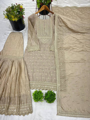 Delightful Chinon Silk Beige Color Sharara Suit