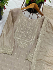 Delightful Chinon Silk Beige Color Sharara Suit