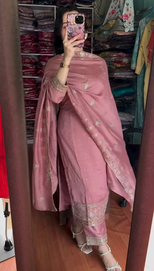 Captivating Embroidery Work Pink Color Sharara Suit