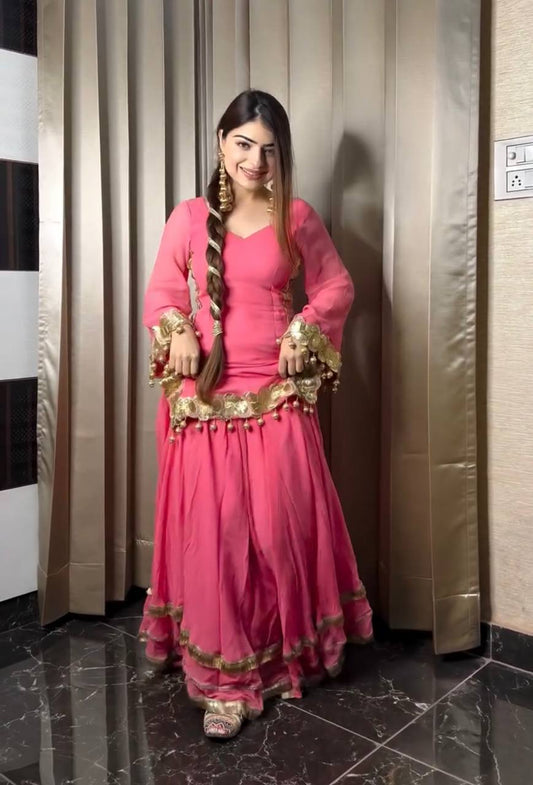 Gorgeous Embroidery Work Pink Color Sharara Suit