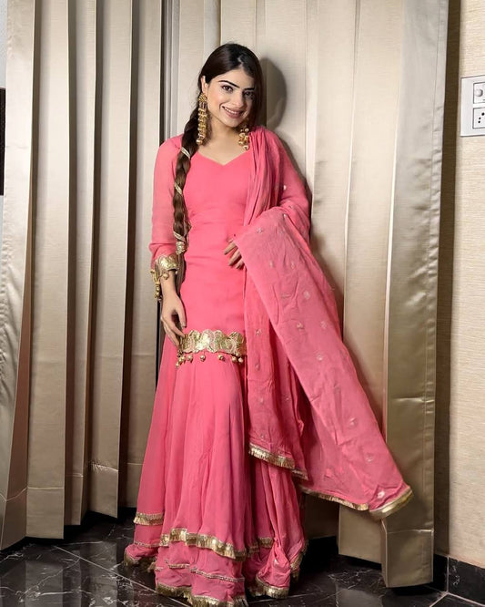 Gorgeous Embroidery Work Pink Color Sharara Suit