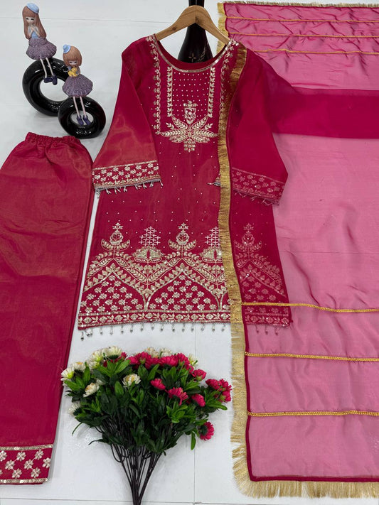 Preferable Roman Shimmer Silk Pink Color Salwar Suit