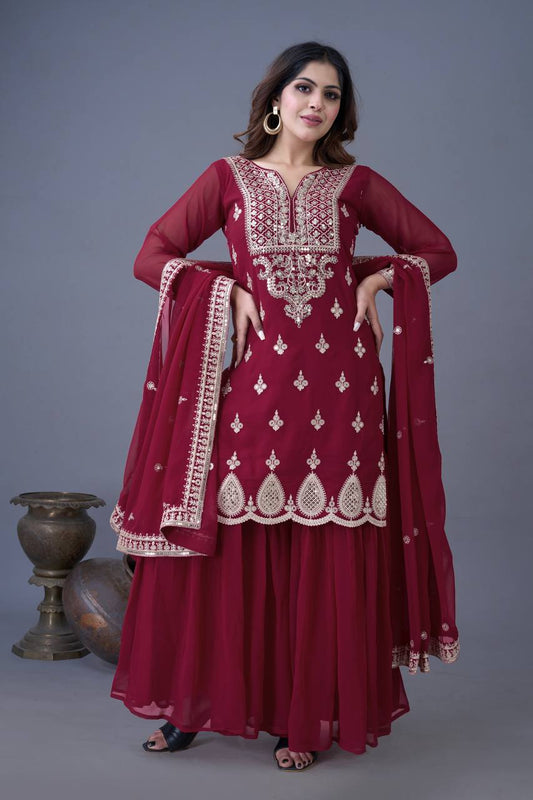 Marvelous Embroidery Work Maroon Color Sharara Suit