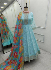 Lovely Tebby Organza Silk Sky Blue Color Gown