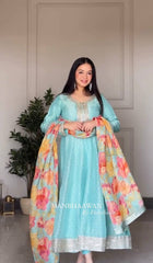 Lovely Tebby Organza Silk Sky Blue Color Gown