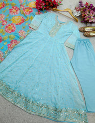 Lovely Tebby Organza Silk Sky Blue Color Gown